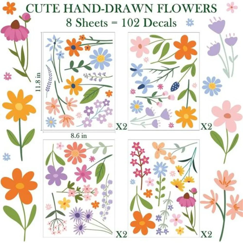 Floral Wall Decals 102 Pcs Peel Stick Flower Stickers Bedroom Kids Nursery Decor
